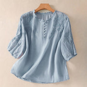 Buddha Stones Casual Plain Button Floral Embroidered Design Puff Half Sleeve Women's Shirt - LightBlue - US8-10，UK/AU12-14，EU40-42 (2XL) - image 0