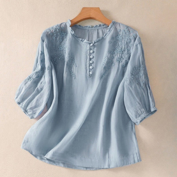 Buddha Stones Casual Plain Button Floral Embroidered Design Puff Half Sleeve Women's Shirt - LightBlue - US8-10，UK/AU12-14，EU40-42 (2XL) - image 0