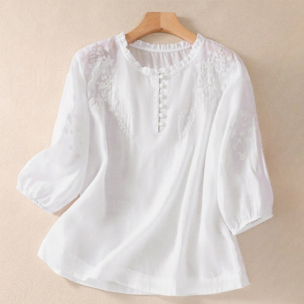 Buddha Stones Casual Plain Button Floral Embroidered Design Puff Half Sleeve Women's Shirt - WhiteSmoke - US8-10，UK/AU12-14，EU40-42 (2XL) - image 6