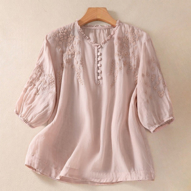 Buddha Stones Casual Plain Button Floral Embroidered Design Puff Half Sleeve Women's Shirt - LightPink - US8-10，UK/AU12-14，EU40-42 (2XL) - image 13