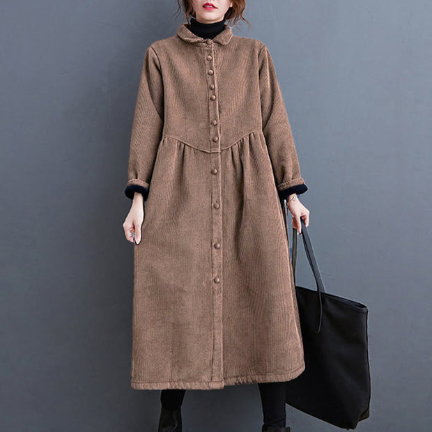 Buddha Stones Plain Buttons Long Sleeve Women's Cotton Corduroy Fleece-Lined Coat With Pockets - image 27