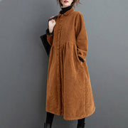Buddha Stones Plain Buttons Long Sleeve Women's Cotton Corduroy Fleece-Lined Coat With Pockets - image 18