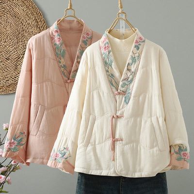 Buddha Stones Embroidered Women's Long Sleeve Cotton-padded Jacket With Pockets - image 0