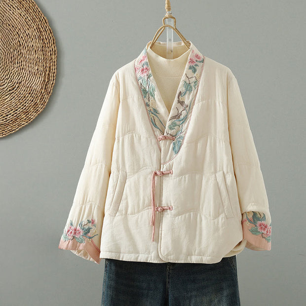 Buddha Stones Embroidered Women's Long Sleeve Cotton-padded Jacket With Pockets - Ivory - US12，UK/AU16，EU44 (2XL) - image 1
