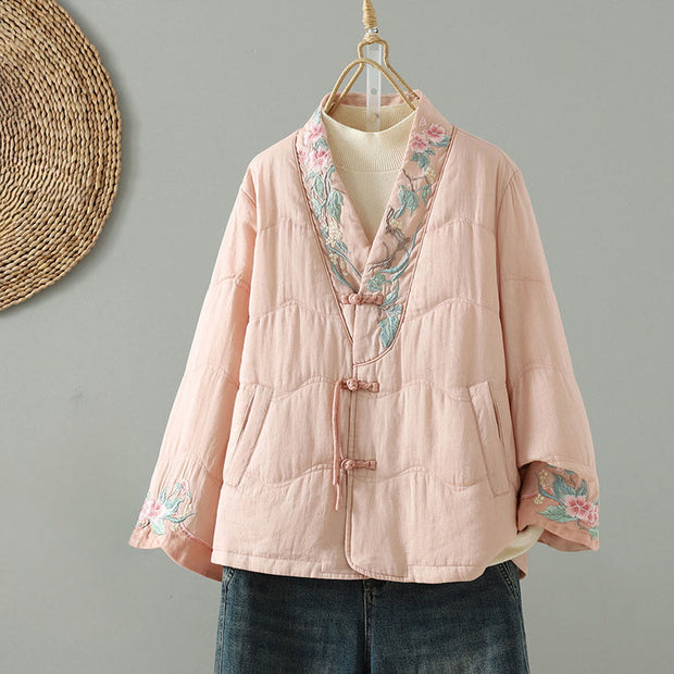Buddha Stones Embroidered Women's Long Sleeve Cotton-padded Jacket With Pockets - Pink - US12，UK/AU16，EU44 (2XL) - image 13