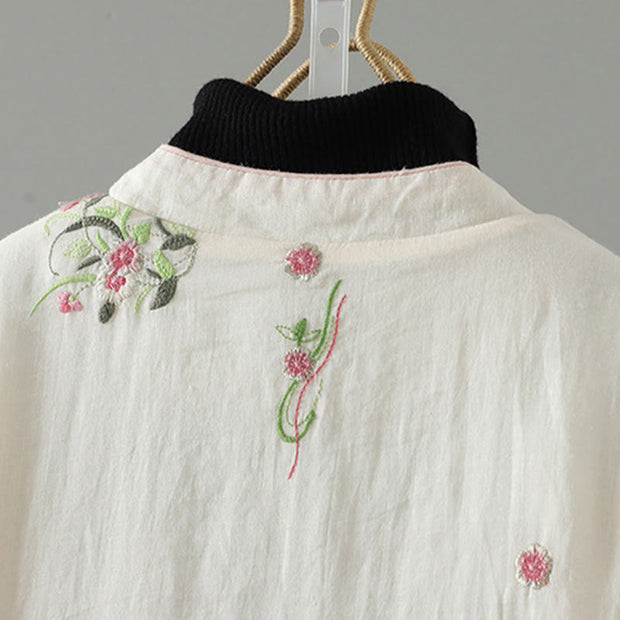 Buddha Stones Flower Embroidery Women's Long Sleeve Cotton-padded Jacket With Pockets - image 4