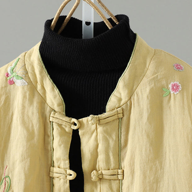 Buddha Stones Flower Embroidery Women's Long Sleeve Cotton-padded Jacket With Pockets - image 13