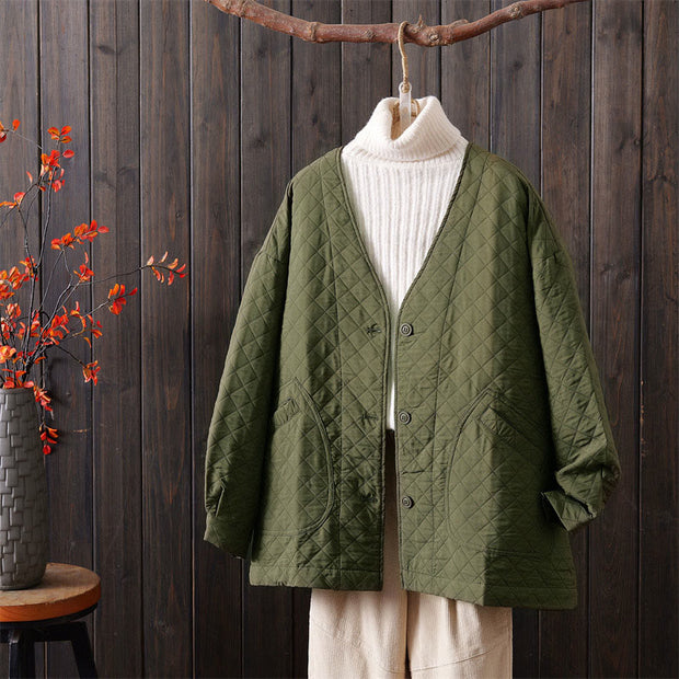 Buddha Stones Casual Solid Color Women's Long Sleeve Cotton Jacket With Pockets - OliveDrab - US12，UK/AU16，EU44 (2XL) - image 1