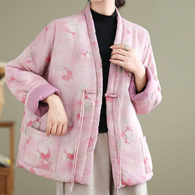 Buddha Stones Printed Flowers Women's Long Sleeve Cotton-padded Jacket With Pockets - Pink - US12，UK/AU16，EU44 (XL) - image 0