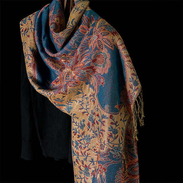 Buddha Stones Spring Red Flowers Leaves Vines Pattern Tassel Soft Scarf Shawl - SteelBlue - 180*70cm - image 0