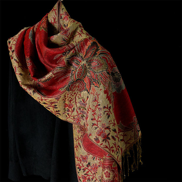 Buddha Stones Spring Red Flowers Leaves Vines Pattern Tassel Soft Scarf Shawl - Red - 180*70cm - image 6