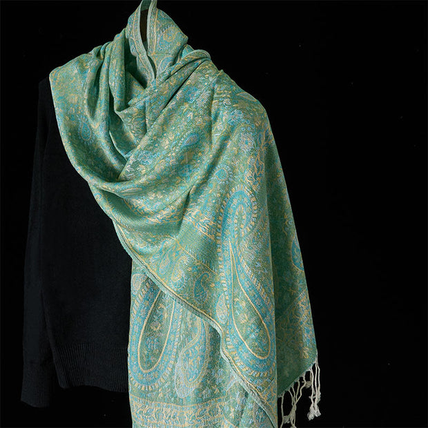 Buddha Stones Spring Green Cashew Flower Geometric Stripes Pattern Tassel Cozy Scarf Shawl - LightGreen - 170*70cm - image 6