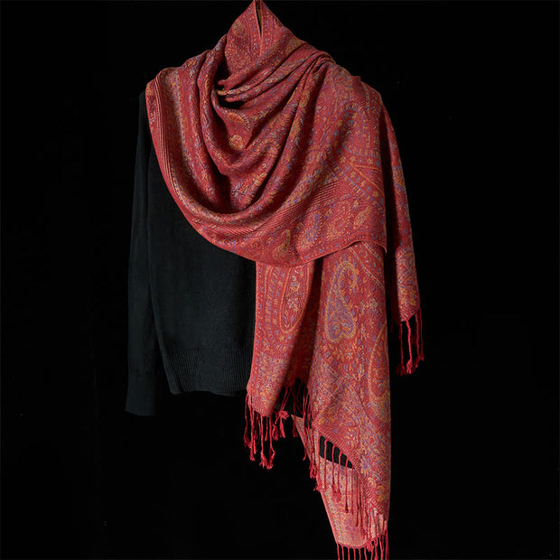 Buddha Stones Spring Red Pink Cashew Flower Geometric Stripes Pattern Tassel Cozy Scarf Shawl - image 2