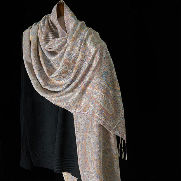 Buddha Stones Spring Light Pink Beige Cashew Flower Geometric Stripes Pattern Tassel Cozy Scarf Shawl - Beige - 170*70cm - image 6