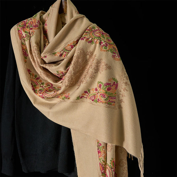 Buddha Stones Winter Colorful Vines Flowers Pattern Tassel Cozy Scarf Shawl - Beige - 185*70cm - image 6