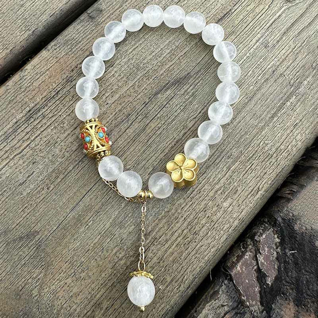 Buddha Stones Tibetan White Agate Crystal Stone Flowers Positivity Bracelet - image 1