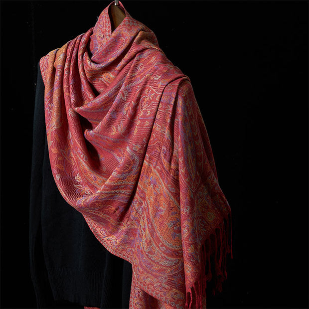 Buddha Stones Spring Cashew Flower Leaves Vines Geometric Pattern Tassel Soft Scarf Shawl - Tomato - 178*71cm - image 5