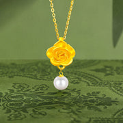 Buddha Stones 999 Sterling Silver Plated Gold Camellia Pearl Healing Necklace Pendant - image 2