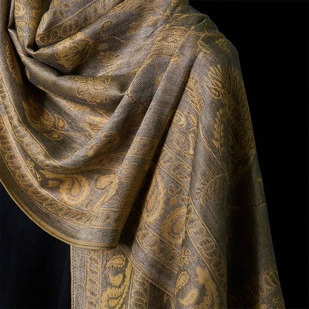 Buddha Stones Spring Dark Khaki Cashew Flower Leaves Pattern Tassel Soft Scarf Shawl - image 3