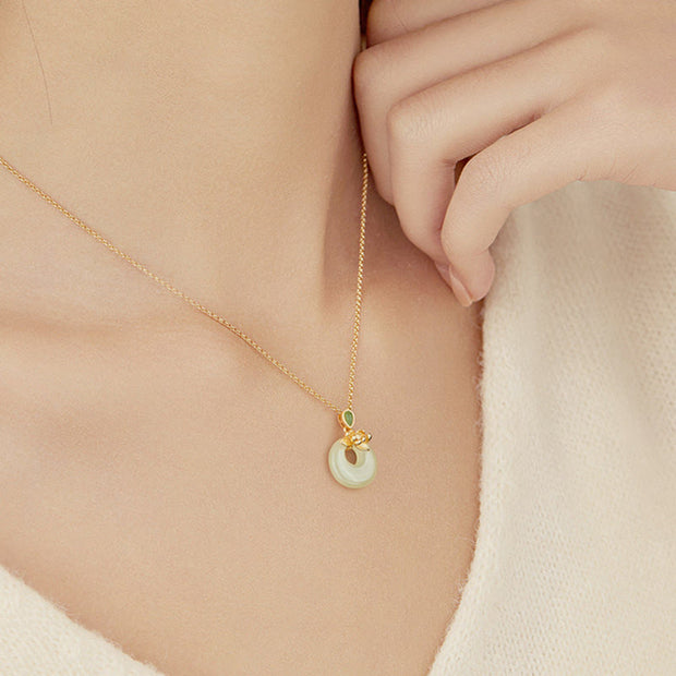 Buddha Stones 925 Sterling Silver Plated Gold Hetian Jade Lotus Luck Necklace Pendant - image 4