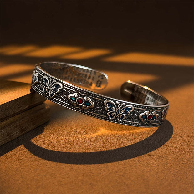 Buddha Stones Heart Sutra Butterfly Copper Enamel Healing Open Adjustable Bracelet Bangle - image 2