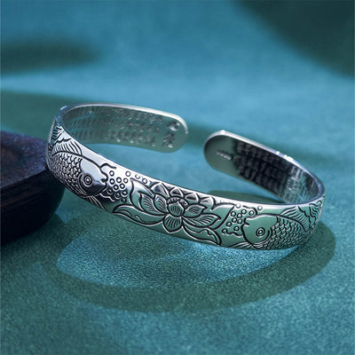 Buddha Stones Heart Sutra Koi Fish Lotus Copper Wealth Open Adjustable Bracelet Bangle - Koi Fish & Lotus - image 0