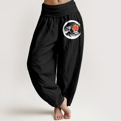 Buddha Stones Wave Sun Mountains Pattern Women's Elastic Waist Harem Pure Cotton Pants - Black - US22，UK/AU26，EU54 (6XL) - image 0
