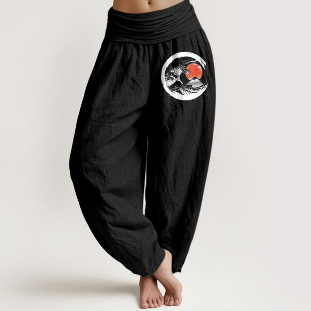 Buddha Stones Wave Sun Mountains Pattern Women's Elastic Waist Harem Pure Cotton Pants - Black - US22，UK/AU26，EU54 (6XL) - image 0