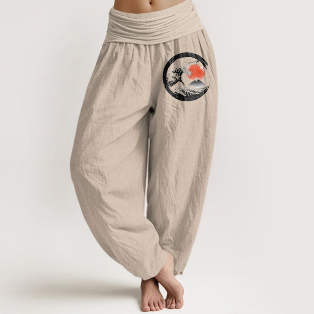 Buddha Stones Wave Sun Mountains Pattern Women's Elastic Waist Harem Pure Cotton Pants - Tan - US22，UK/AU26，EU54 (6XL) - image 11