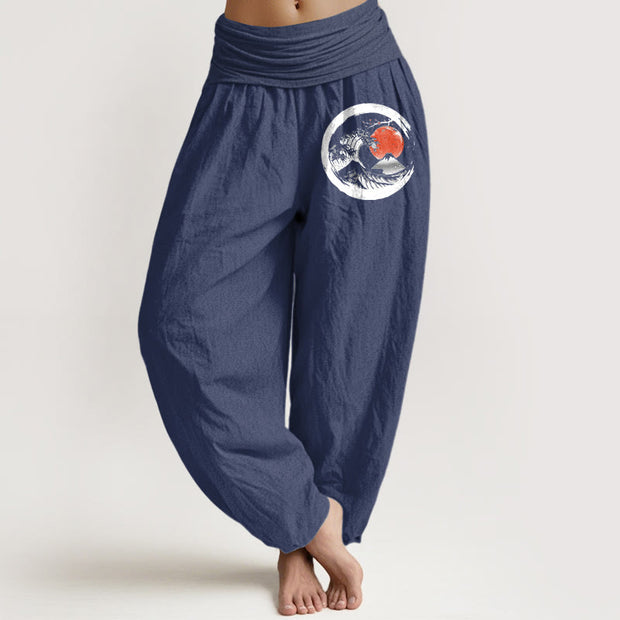 Buddha Stones Wave Sun Mountains Pattern Women's Elastic Waist Harem Pure Cotton Pants - DarkSlateBlue - US22，UK/AU26，EU54 (6XL) - image 5