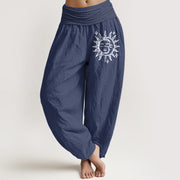 Buddha Stones Sun Moon Pattern Women's Elastic Waist Harem Pure Cotton Pants - DarkSlateBlue - US22，UK/AU26，EU54 (6XL) - image 5