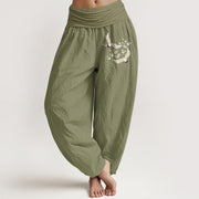 Buddha Stones Cranes Flowers Pattern Pure Cotton Women's Elastic Waist Harem Pants - OliveDrab - US22，UK/AU26，EU54 (6XL) - image 14