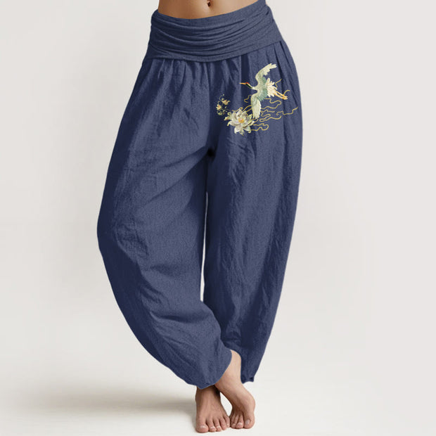 Buddha Stones Cranes Lotus Pattern Pure Cotton Women's Elastic Waist Harem Pants - DarkSlateBlue - US22，UK/AU26，EU54 (6XL) - image 5