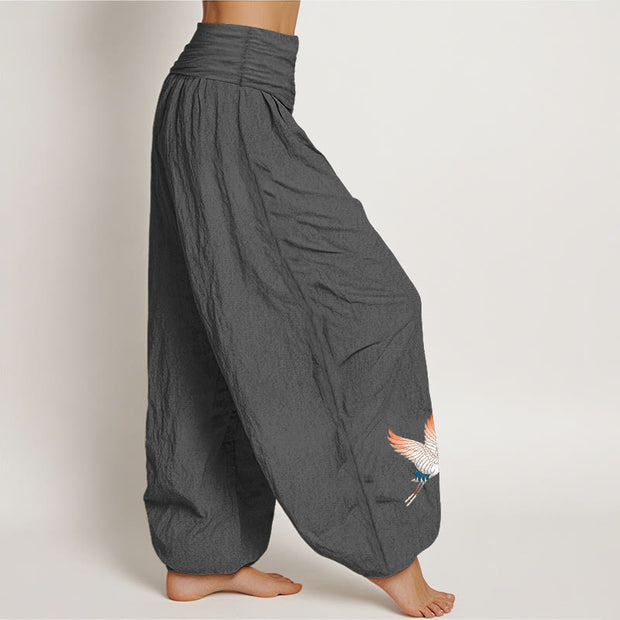 Buddha Stones Two Graceful Cranes Pattern Pure Cotton Women's Elastic Waist Harem Pants - image 10