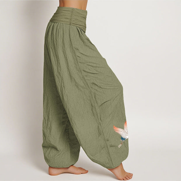 Buddha Stones Two Graceful Cranes Pattern Pure Cotton Women's Elastic Waist Harem Pants - image 16