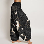 Buddha Stones Print Cranes Wave Pattern Women's Elastic Waist Harem Pure Cotton Pants - image 2