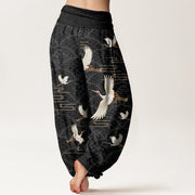 Buddha Stones Print Cranes Wave Pattern Women's Elastic Waist Harem Pure Cotton Pants - image 1