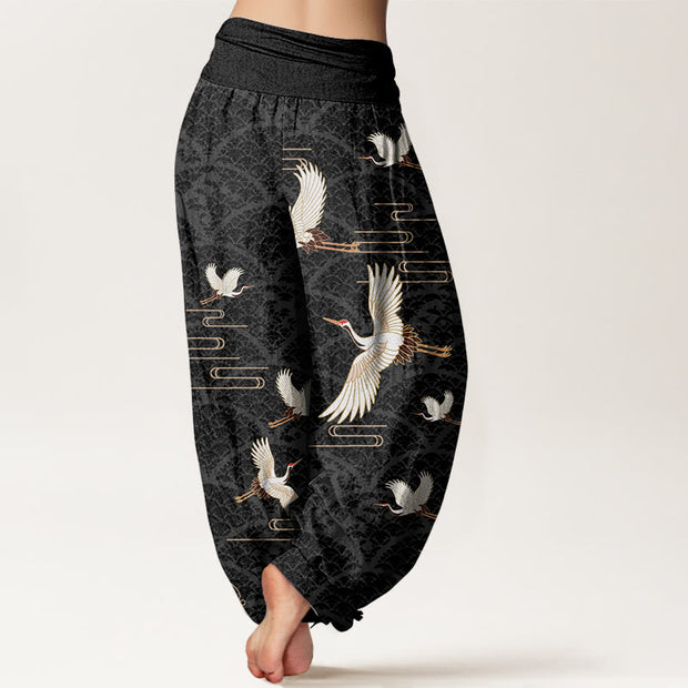 Buddha Stones Print Cranes Wave Pattern Women's Elastic Waist Harem Pure Cotton Pants - image 1