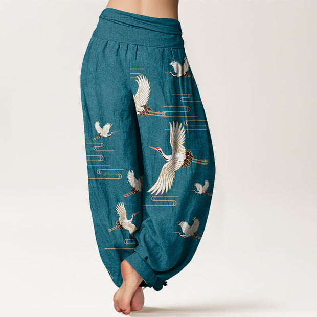 Buddha Stones Print Cranes Wave Pattern Women's Elastic Waist Harem Pure Cotton Pants - image 6