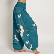 Buddha Stones Print Cranes Wave Pattern Women's Elastic Waist Harem Pure Cotton Pants - image 7