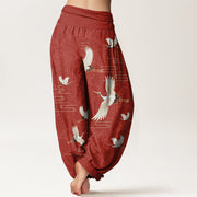Buddha Stones Print Cranes Wave Pattern Women's Elastic Waist Harem Pure Cotton Pants - image 9