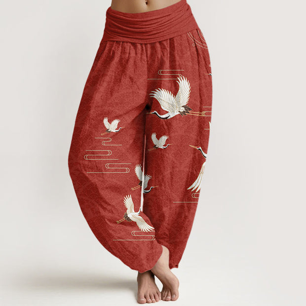 Buddha Stones Print Cranes Wave Pattern Women's Elastic Waist Harem Pure Cotton Pants - Tomato - US22，UK/AU26，EU54 (6XL) - image 8