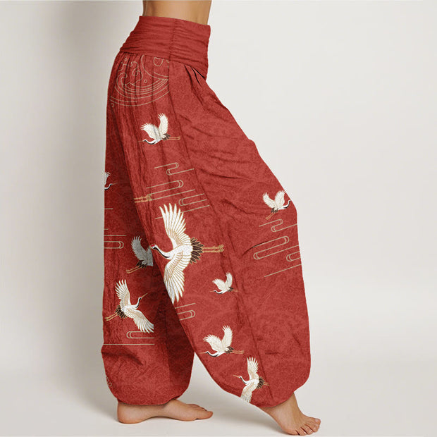 Buddha Stones Print Cranes Wave Pattern Women's Elastic Waist Harem Pure Cotton Pants - image 10