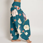 Buddha Stones Print Cranes Peonies Pattern Women's Elastic Waist Harem Pure Cotton Pants - image 2