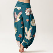 Buddha Stones Print Cranes Peonies Pattern Women's Elastic Waist Harem Pure Cotton Pants - image 1