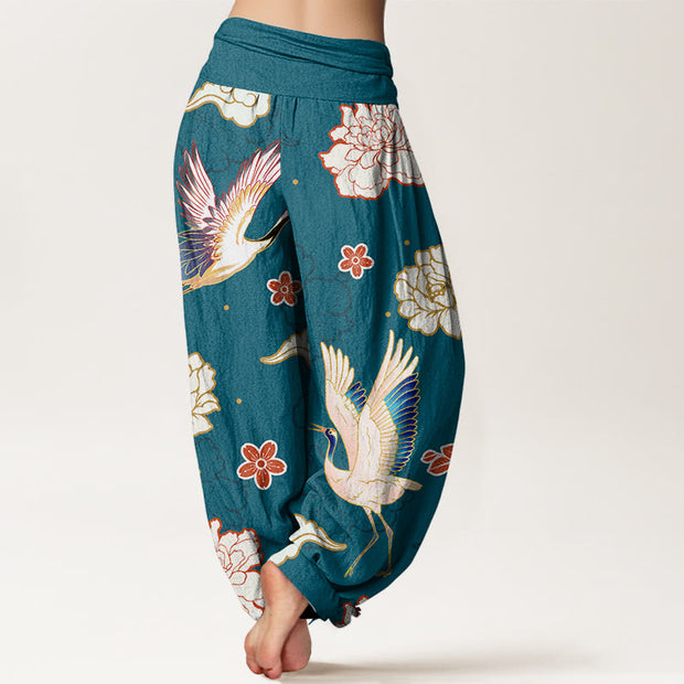 Buddha Stones Print Cranes Peonies Pattern Women's Elastic Waist Harem Pure Cotton Pants - image 1