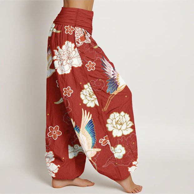 Buddha Stones Print Cranes Peonies Pattern Women's Elastic Waist Harem Pure Cotton Pants - image 7