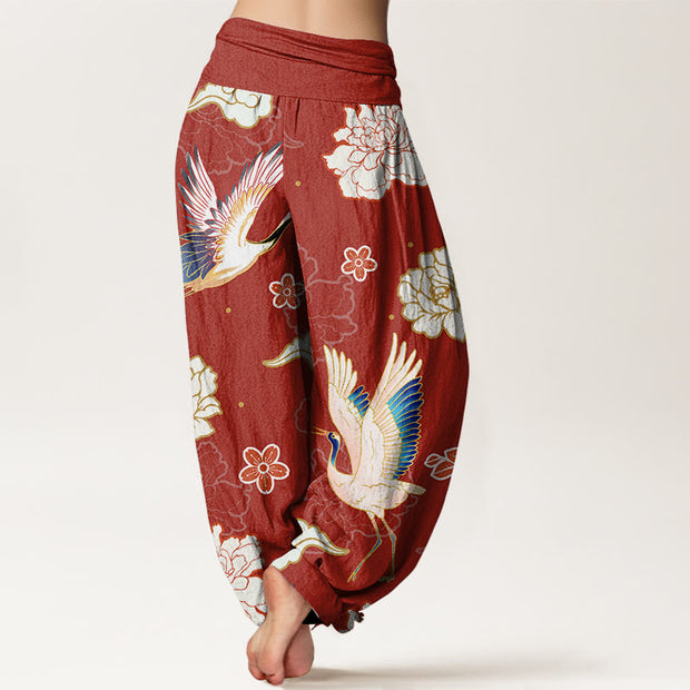 Buddha Stones Print Cranes Peonies Pattern Women's Elastic Waist Harem Pure Cotton Pants - image 6