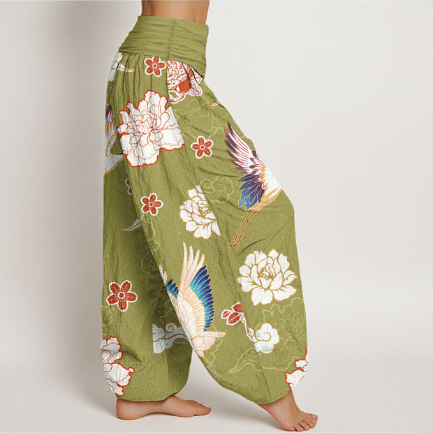 Buddha Stones Print Cranes Peonies Pattern Women's Elastic Waist Harem Pure Cotton Pants - image 10