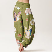Buddha Stones Print Cranes Peonies Pattern Women's Elastic Waist Harem Pure Cotton Pants - image 9